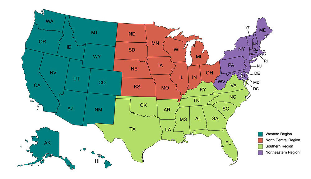 Regional map of US with IR4 ties